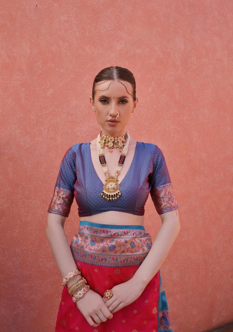 Pink Blue Jacquard Work Silk Saree Set - Indya
