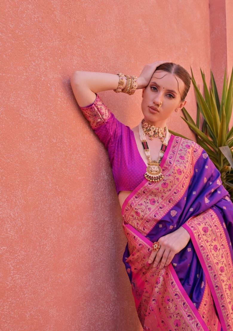 Purple And Pink Jacquard Work Silk Saree Set - Indya