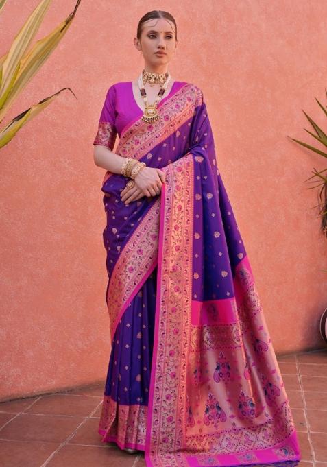 Purple And Pink Jacquard Work Silk Saree Set