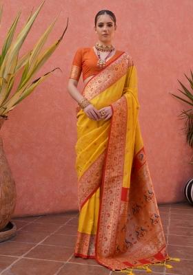 Yellow And Orange Jacquard Work Silk Saree Set