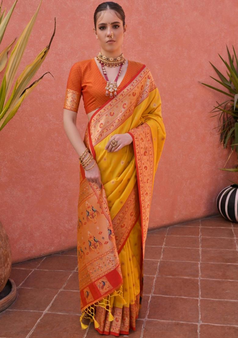 Yellow And Orange Jacquard Work Silk Saree Set - Indya