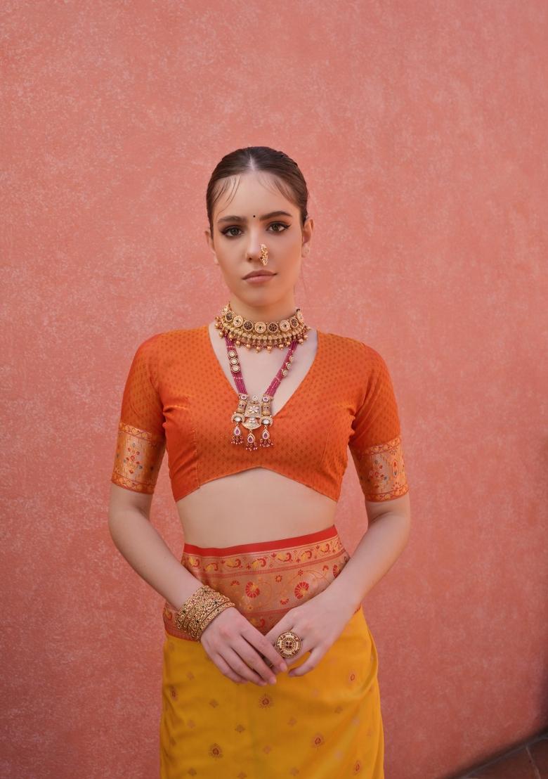 Yellow And Orange Jacquard Work Silk Saree Set - Indya