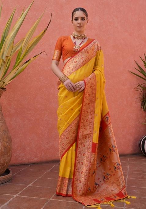Yellow And Orange Jacquard Work Silk Saree Set