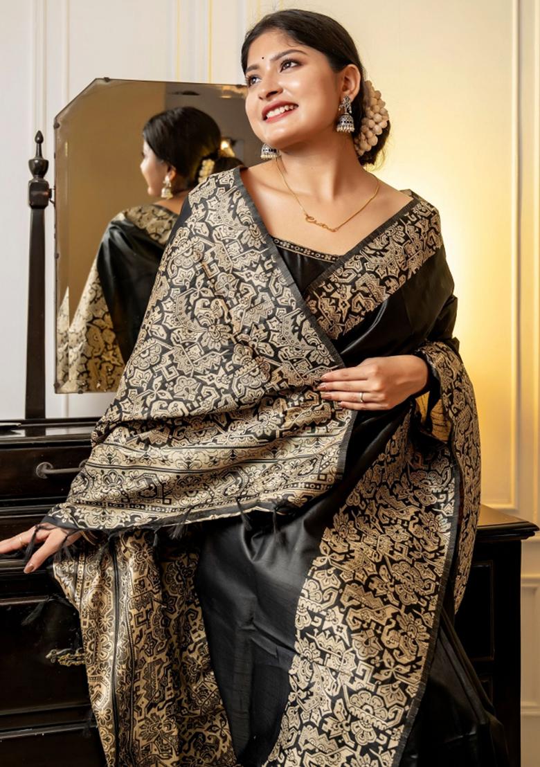 Black Weaving Work Silk Saree Set - Indya