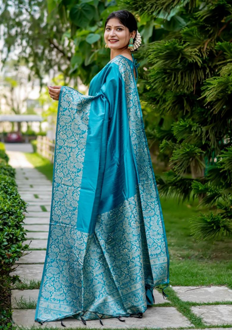 Blue Weaving Work Silk Saree Set - Indya