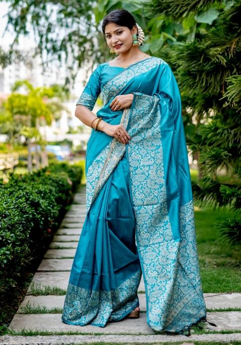 Blue Weaving Work Silk Saree Set