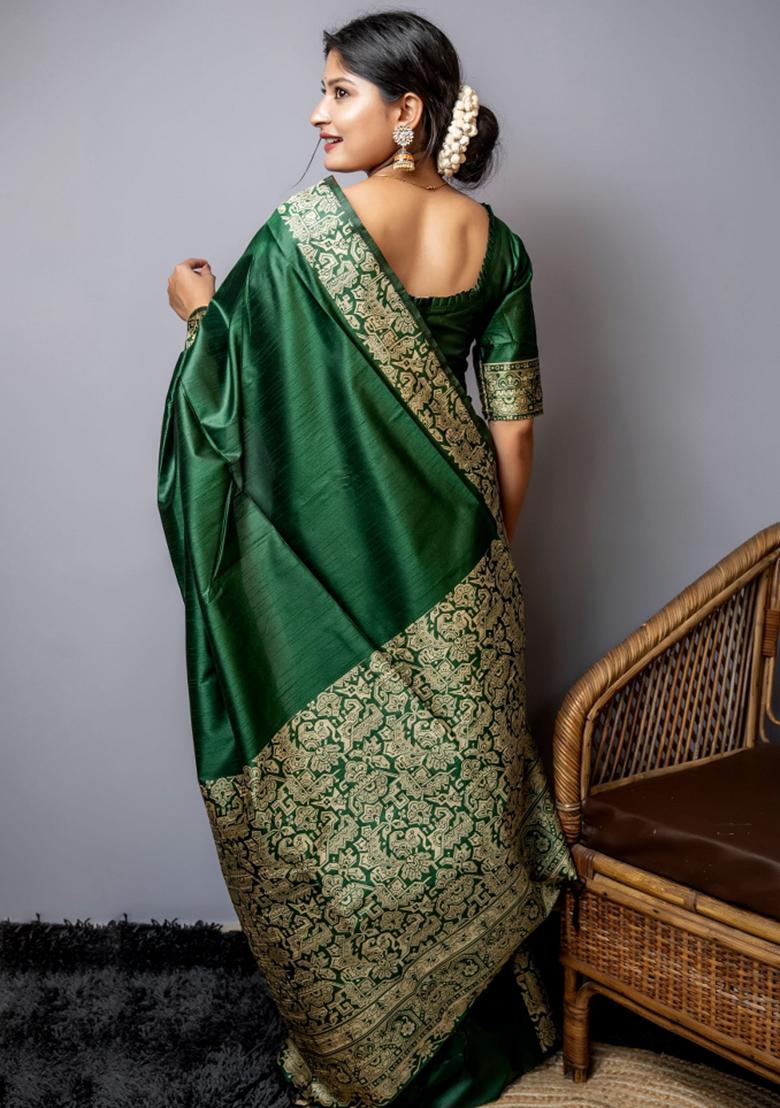 Green Weaving Work Silk Saree Set - Indya