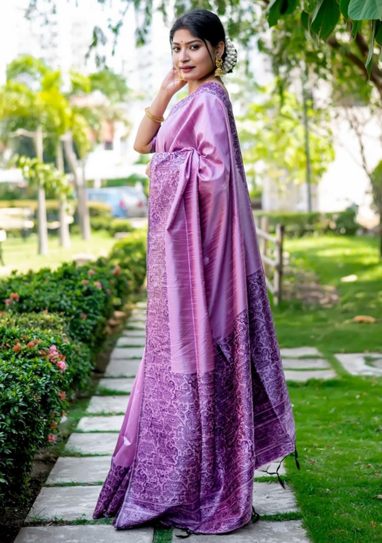 Lavender Weaving Work Silk Saree Set - Indya