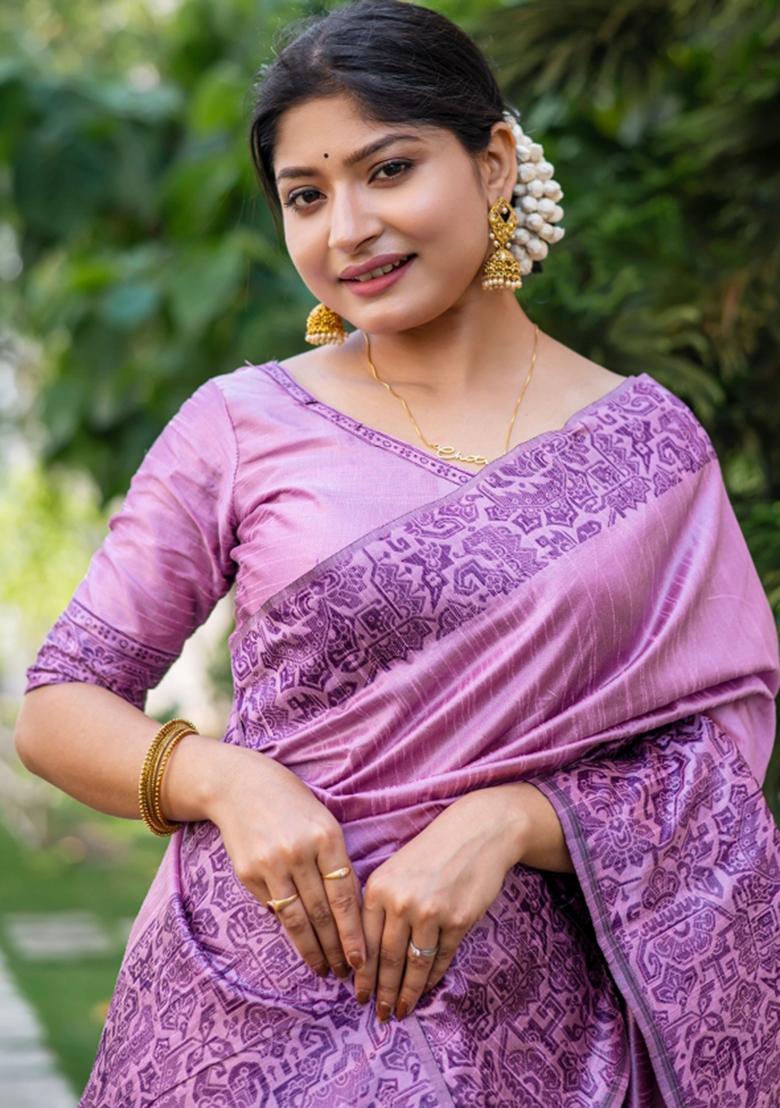 Lavender Weaving Work Silk Saree Set - Indya
