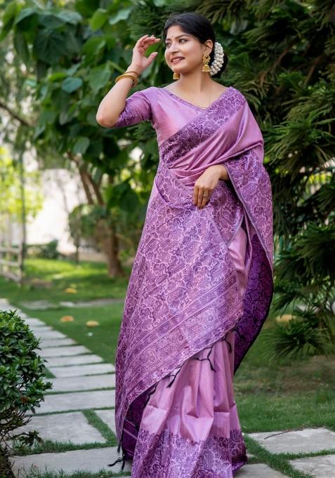 Lavender Weaving Work Silk Saree Set