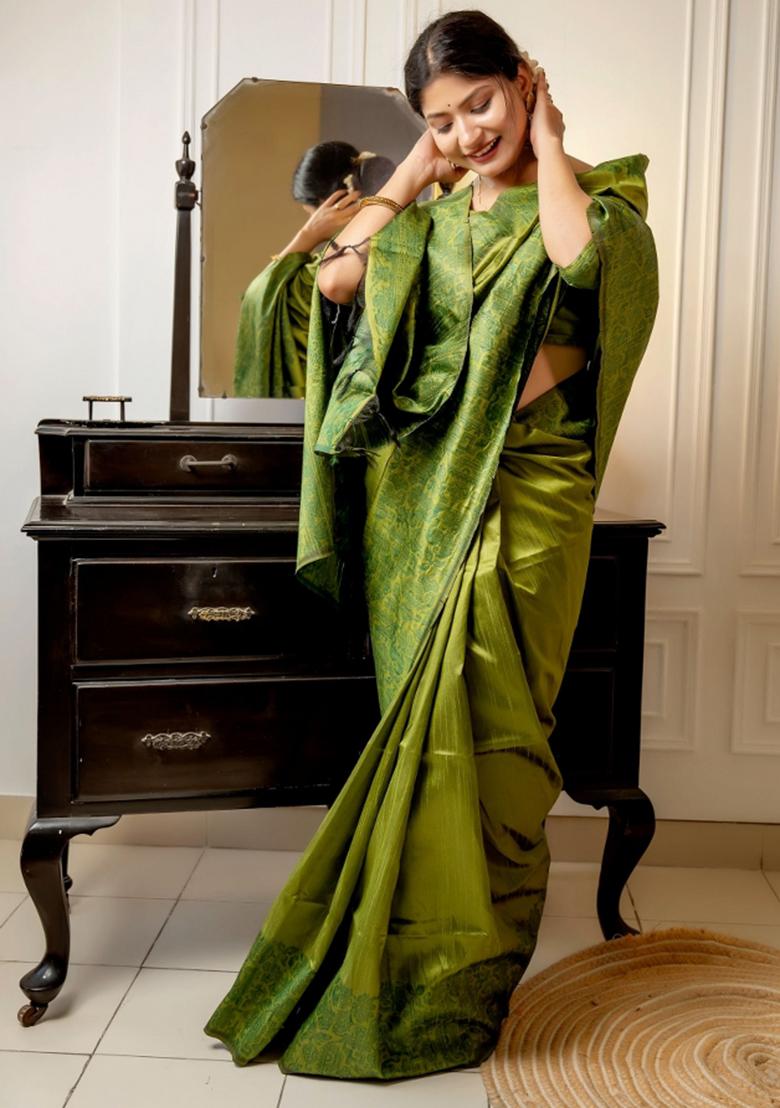 Mehendi Green Weaving Work Silk Saree Set - Indya