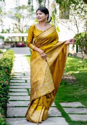 Mustard Weaving Work Silk Saree Set