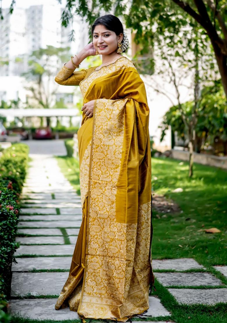 Mustard Weaving Work Silk Saree Set - Indya
