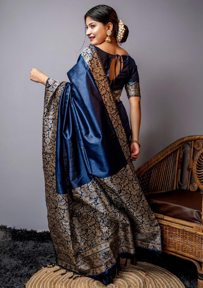 Navy Blue Weaving Work Silk Saree Set - Indya