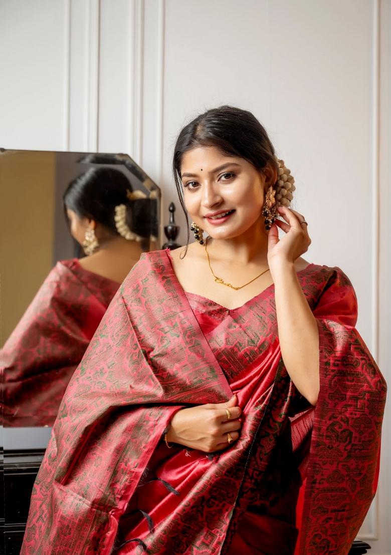 Pink Weaving Work Silk Saree Set - Indya