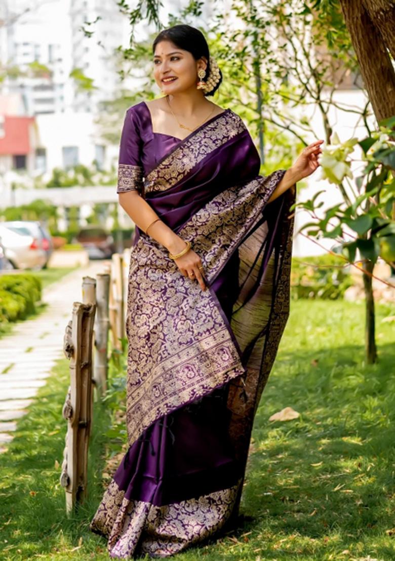Purple Weaving Work Silk Saree Set - Indya