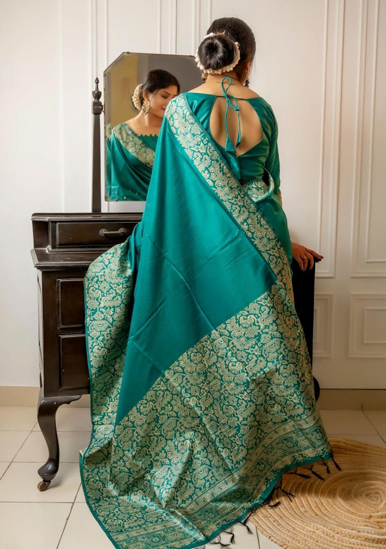Rama Blue Weaving Work Silk Saree Set - Indya