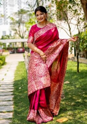 Rani Pink Weaving Work Silk Saree Set