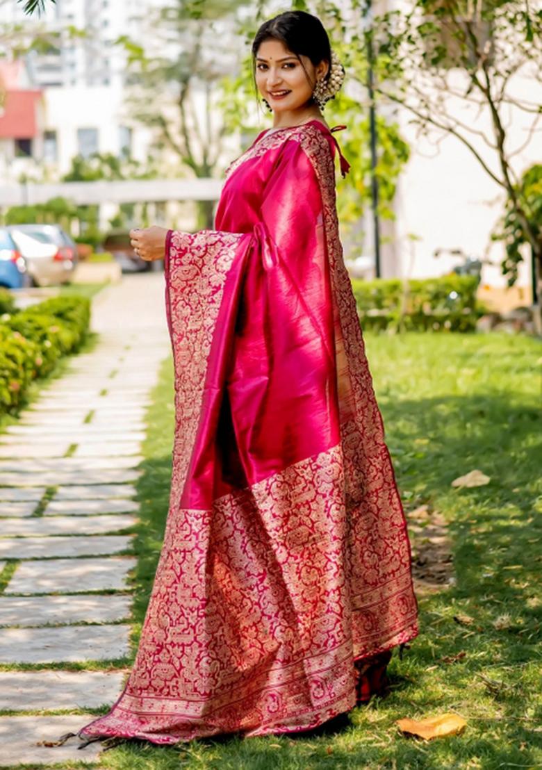 Rani Pink Weaving Work Silk Saree Set - Indya