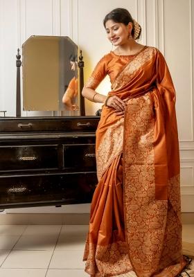 Rust Orange Weaving Work Silk Saree Set
