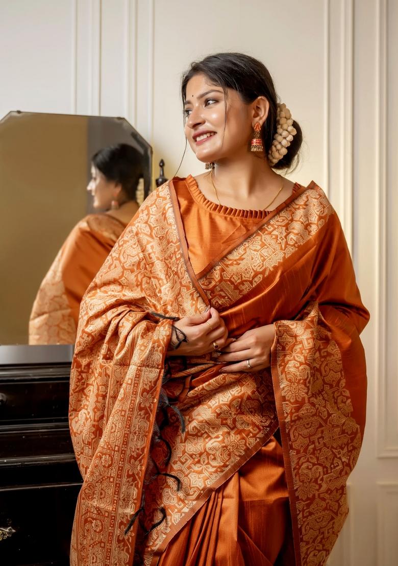 Rust Orange Weaving Work Silk Saree Set - Indya