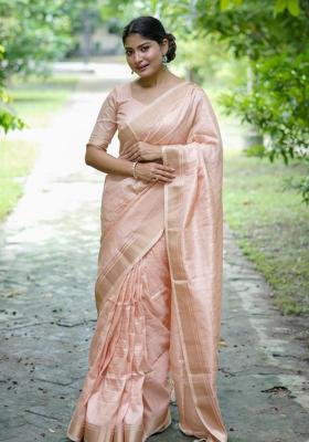 Peach Zari Work Silk Saree Set