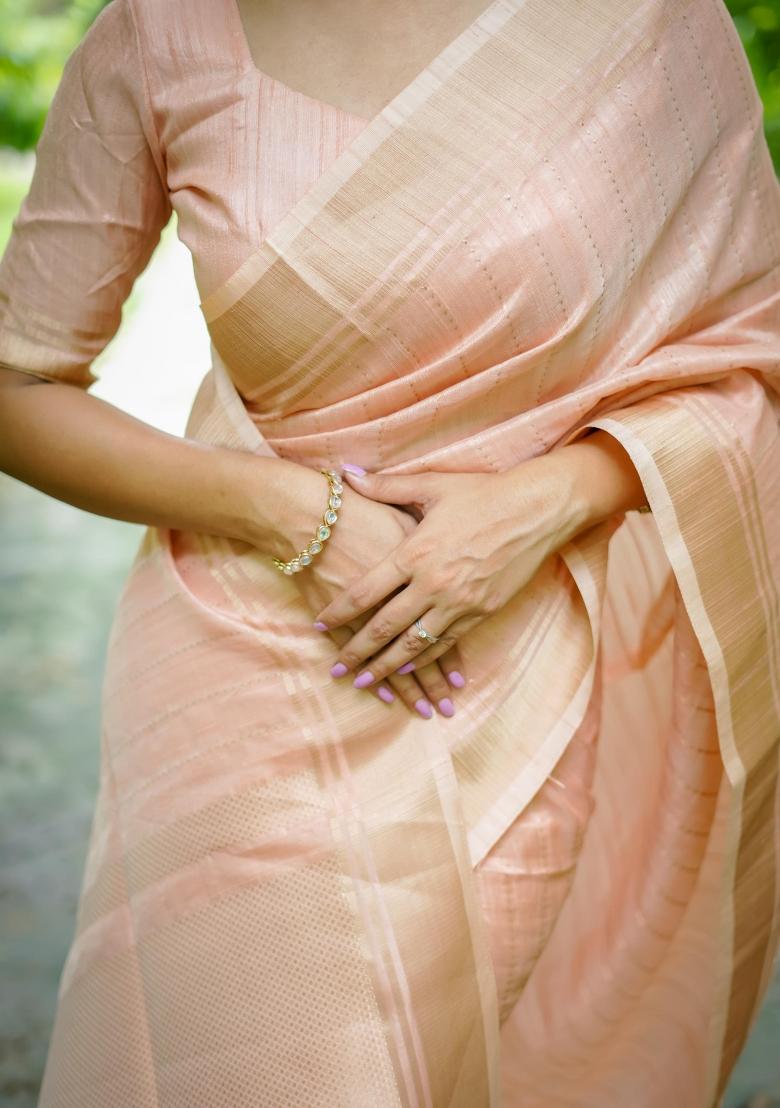 Peach Zari Work Silk Saree Set - Indya