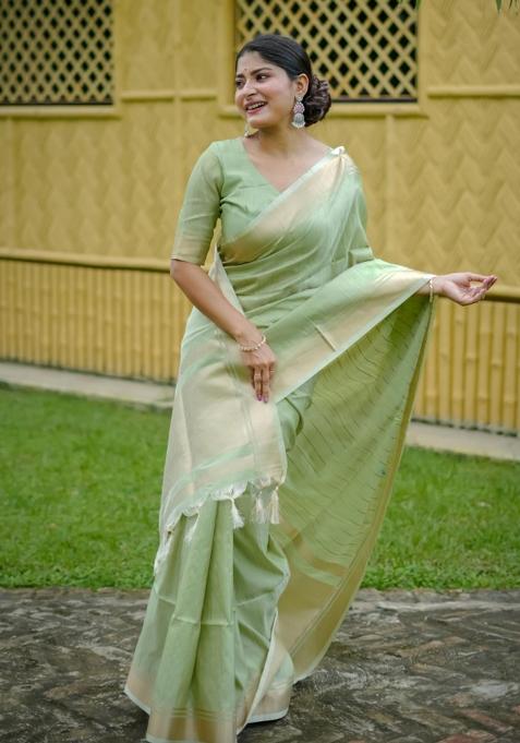 Pista Zari Work Silk Saree Set