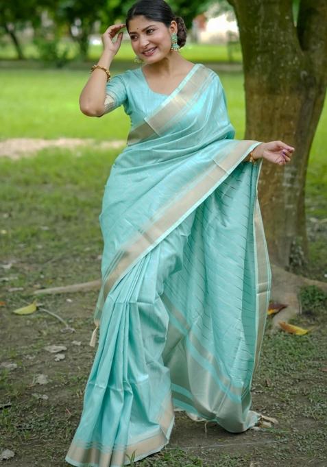 Sky Blue Zari Work Silk Saree Set