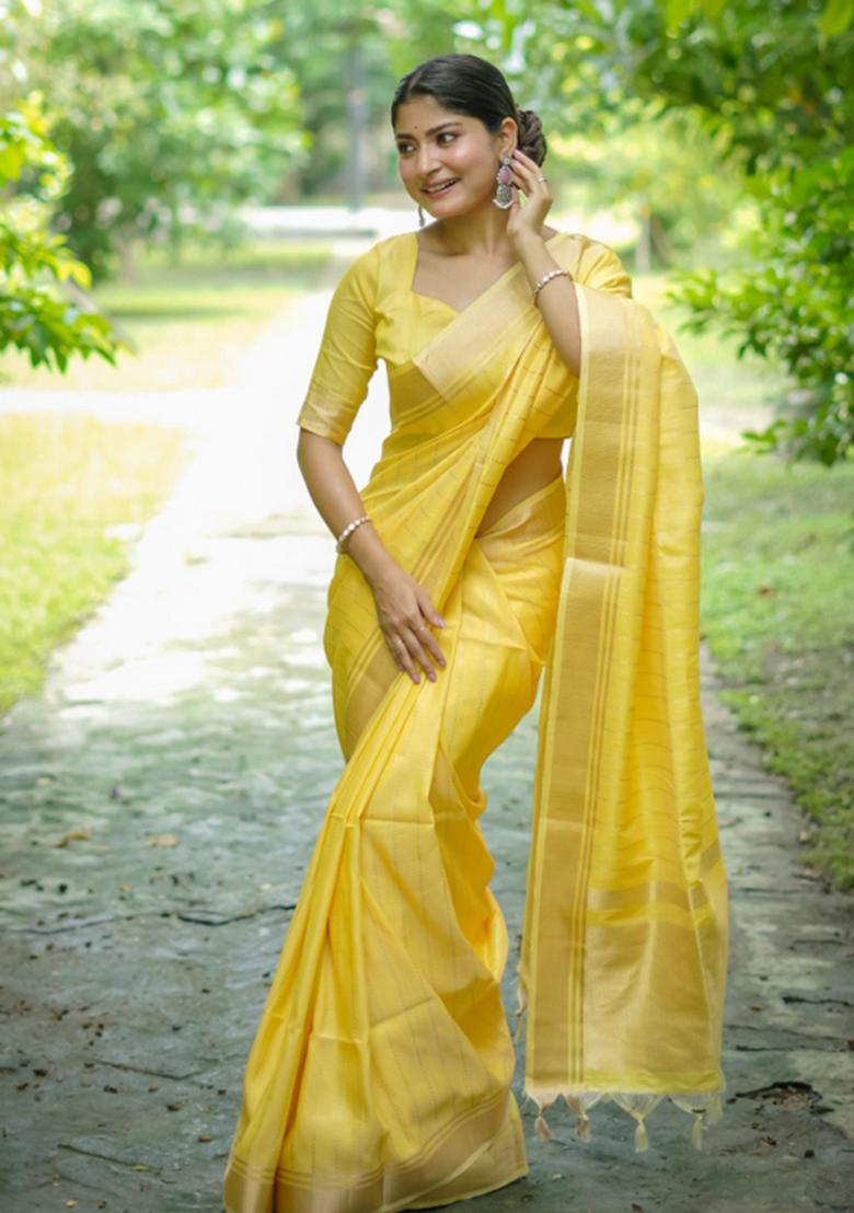 Yellow Zari Work Silk Saree Set - Indya