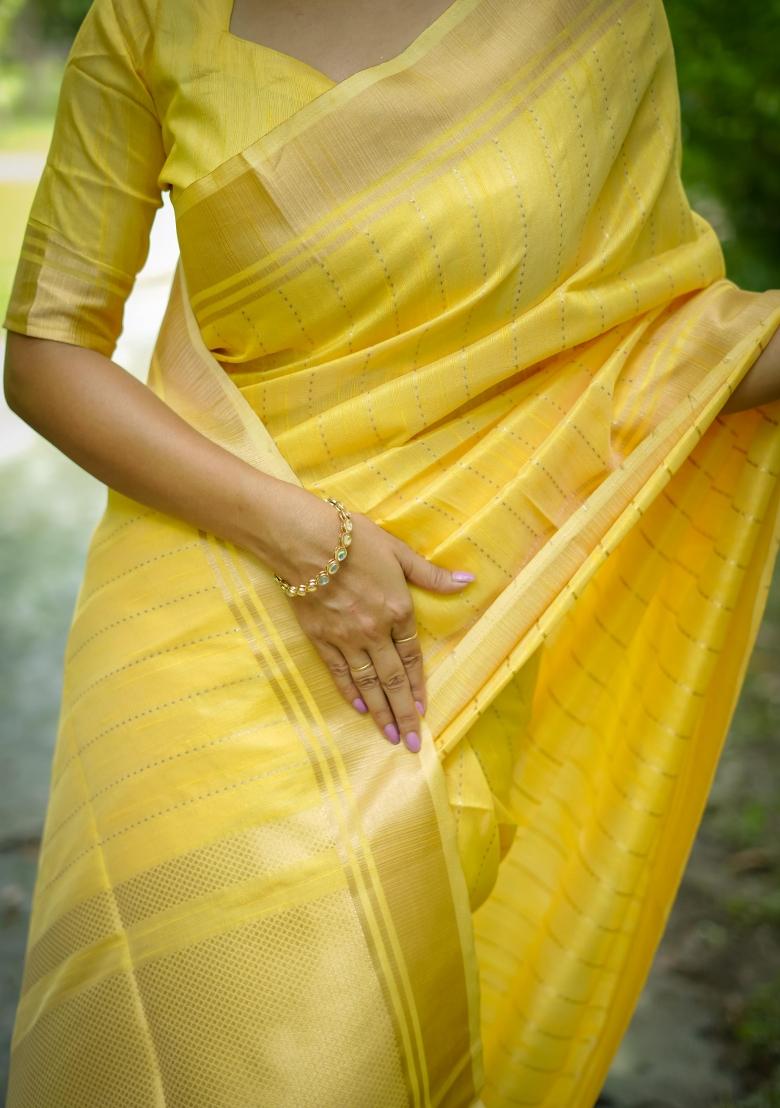 Yellow Zari Work Silk Saree Set - Indya