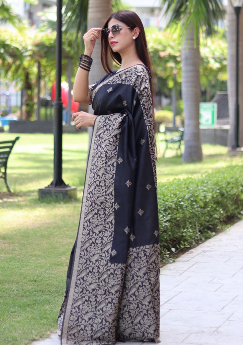 Black Weaving Work Silk Saree Set - Indya