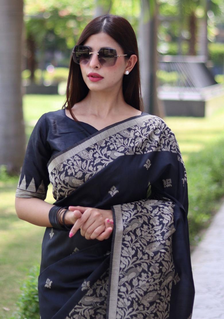 Black Weaving Work Silk Saree Set - Indya
