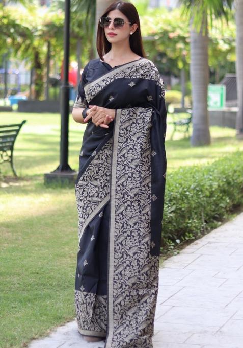 Black Weaving Work Silk Saree Set