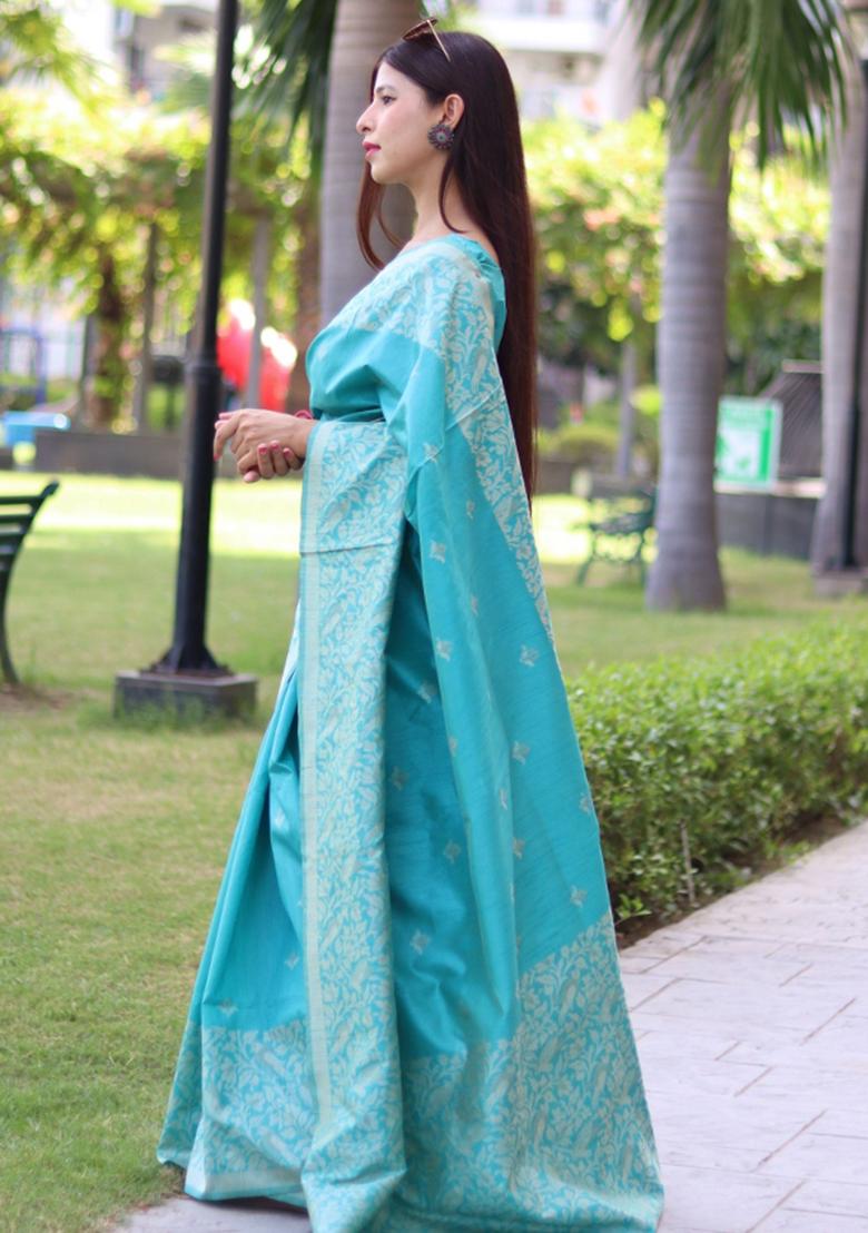 Blue Weaving Work Silk Saree Set - Indya