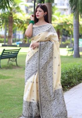 Cream Weaving Work Silk Saree Set