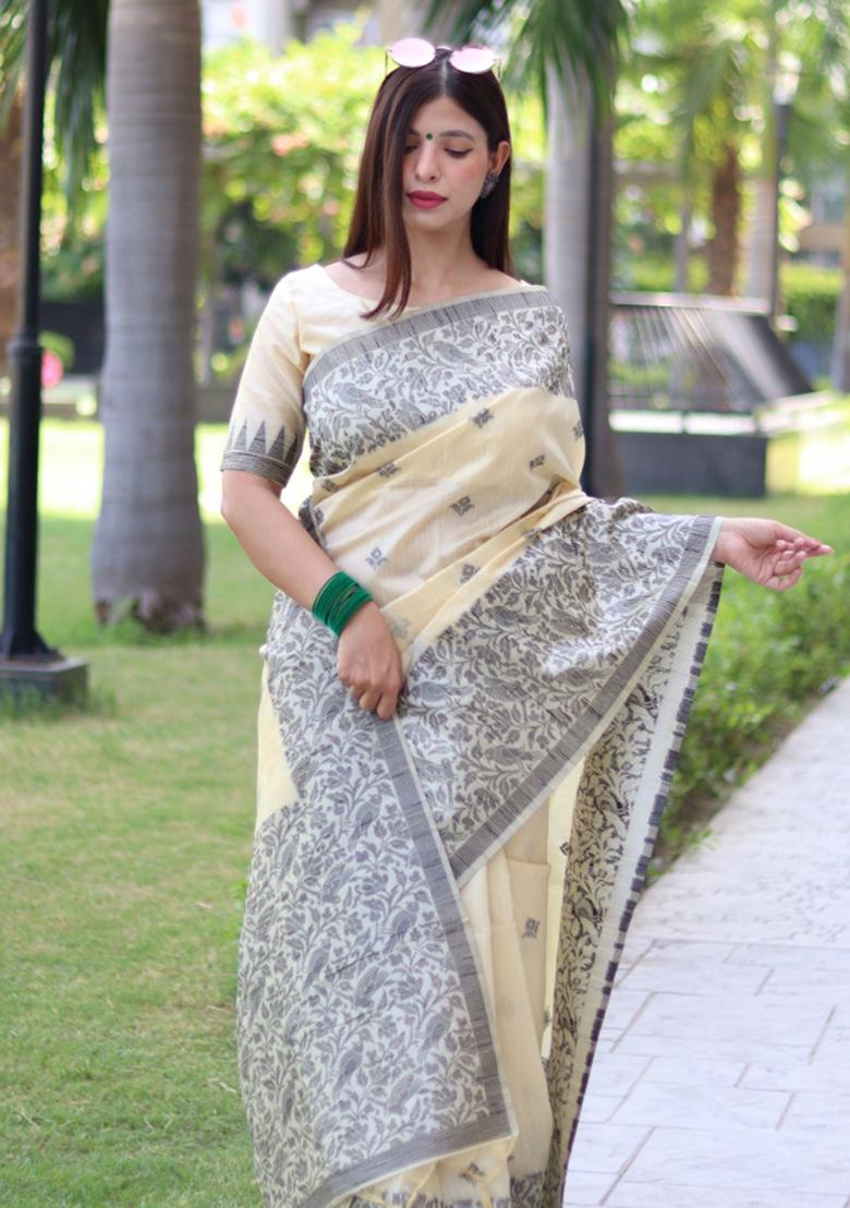 Cream Weaving Work Silk Saree Set - Indya