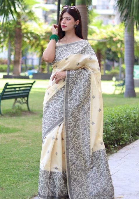 Cream Weaving Work Silk Saree Set