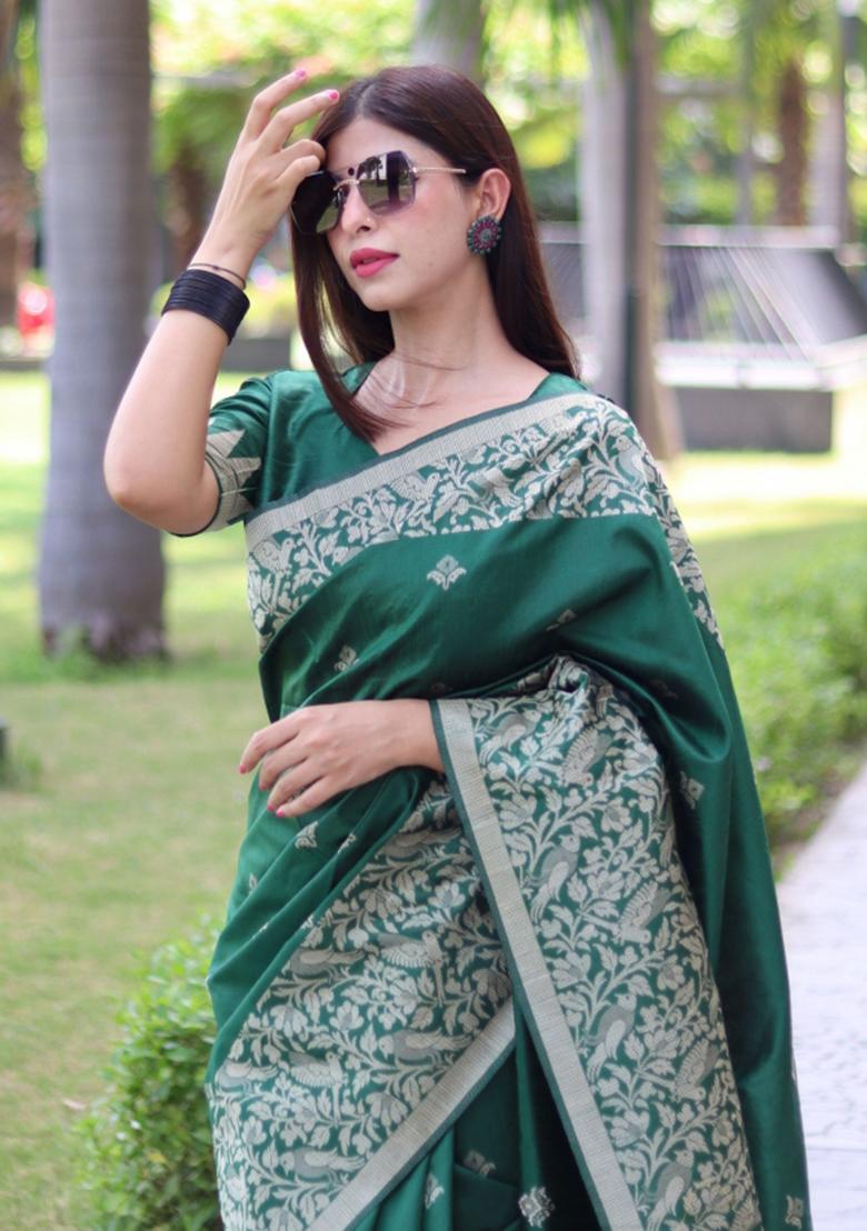 Green Weaving Work Silk Saree Set - Indya