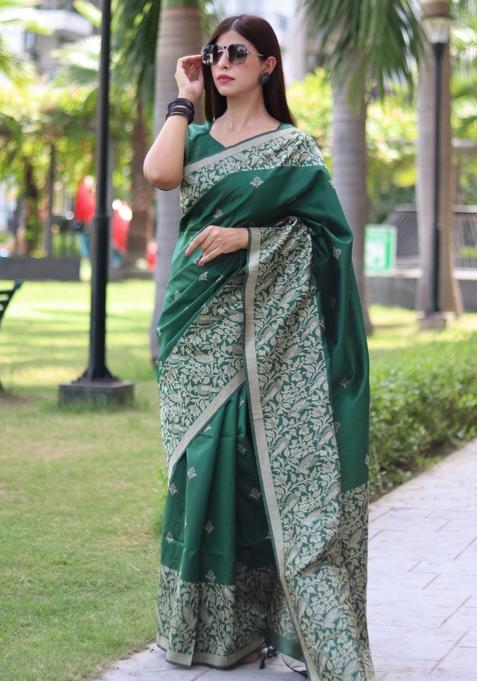 Green Weaving Work Silk Saree Set