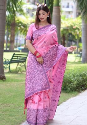 Light Pink Weaving Work Silk Saree Set