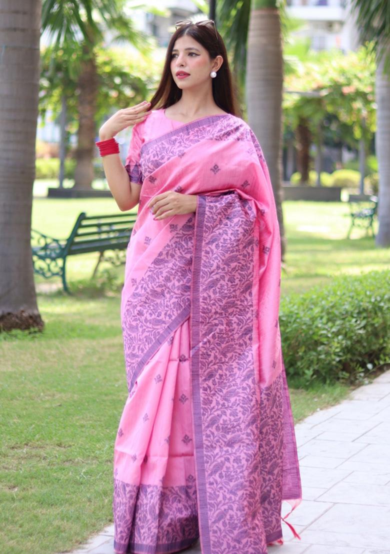 Light Pink Weaving Work Silk Saree Set - Indya