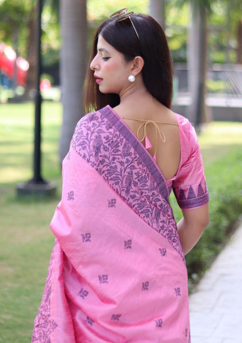 Light Pink Weaving Work Silk Saree Set - Indya