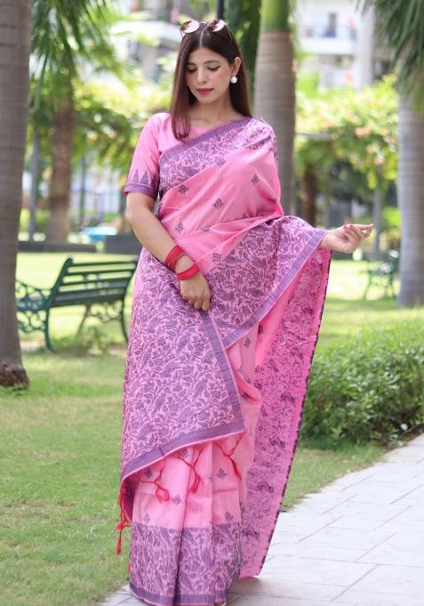 Light Pink Weaving Work Silk Saree Set