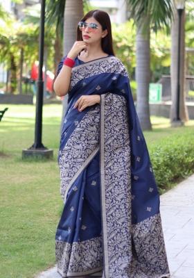 Navy Blue Weaving Work Silk Saree Set