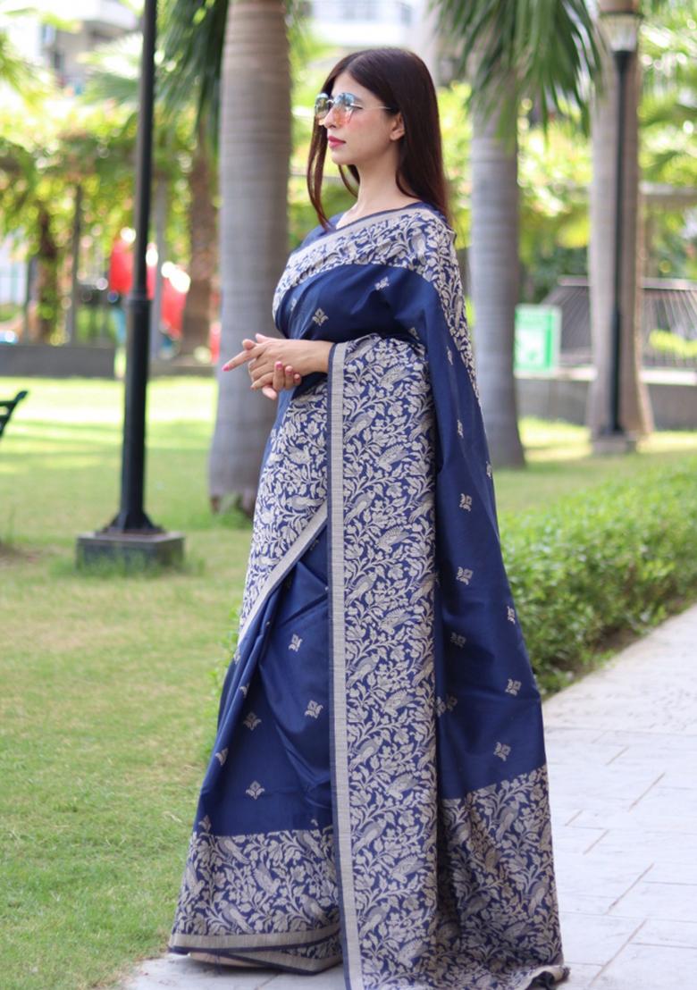 Navy Blue Weaving Work Silk Saree Set - Indya