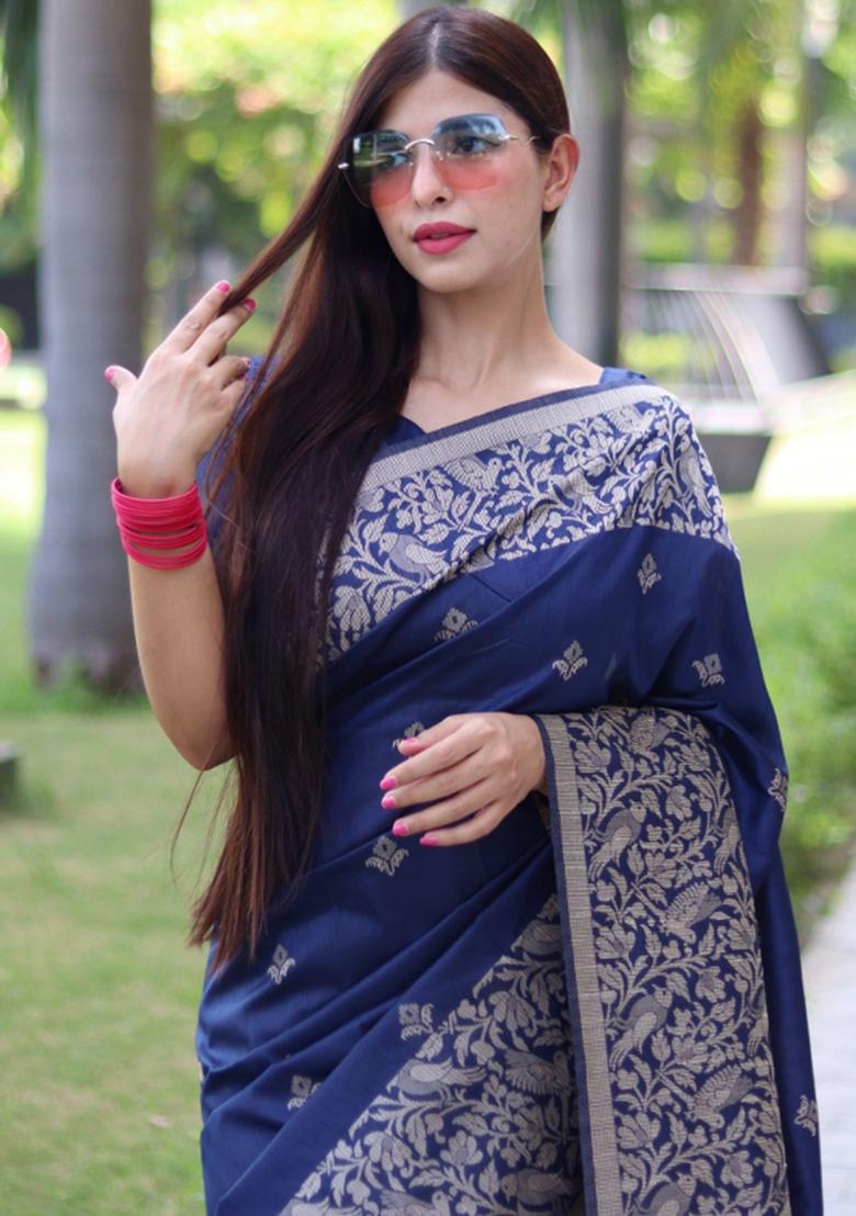 Navy Blue Weaving Work Silk Saree Set - Indya