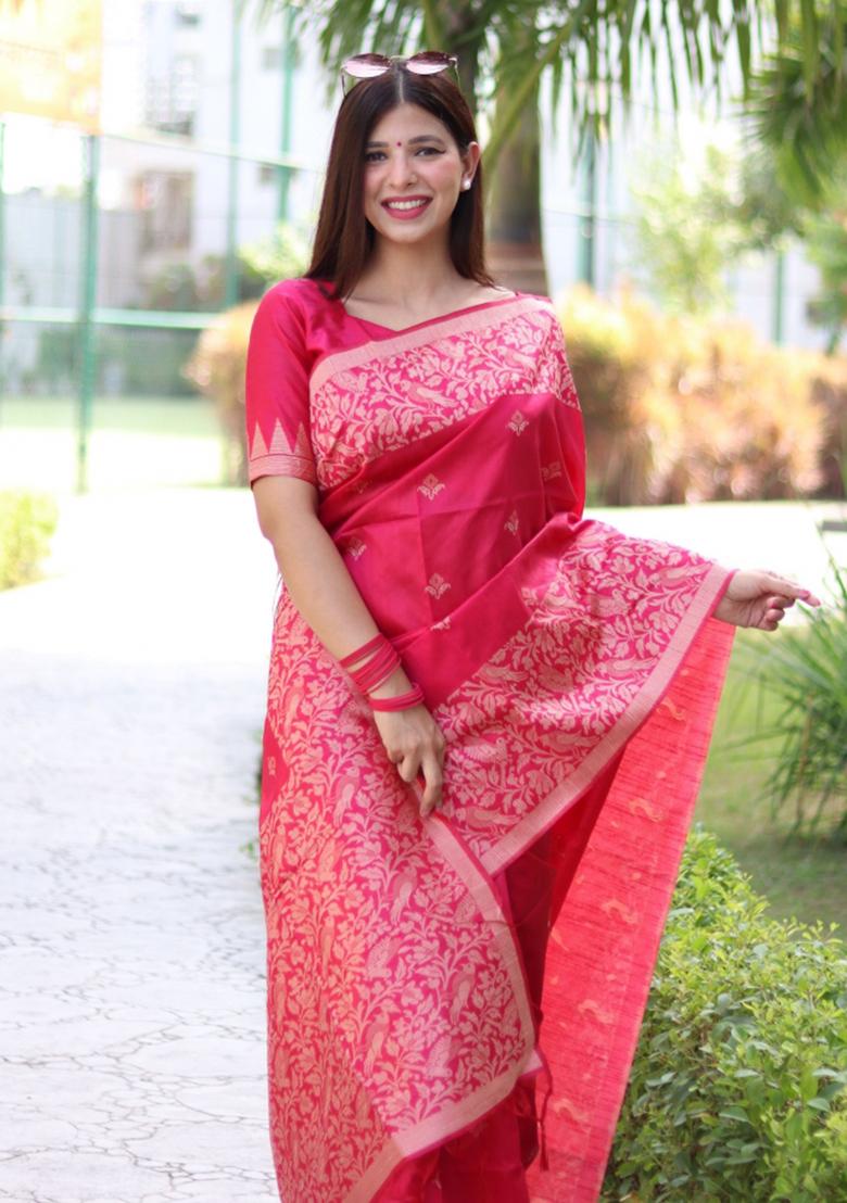 Pink Weaving Work Silk Saree Set - Indya