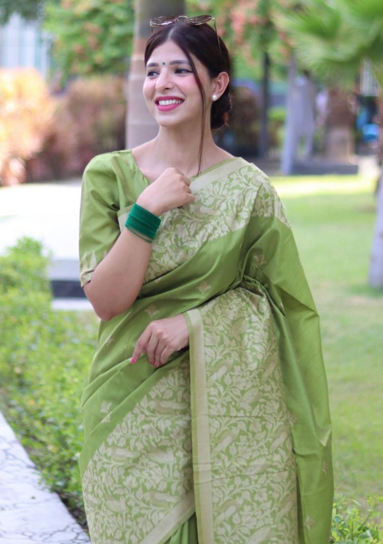 Pista Weaving Work Silk Saree Set - Indya