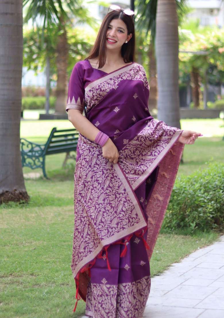 Purple Weaving Work Silk Saree Set - Indya